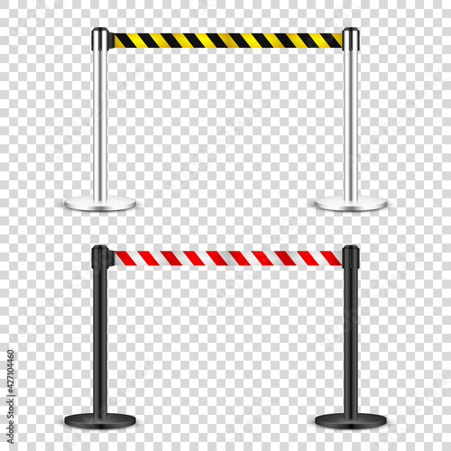Realistic retractable belt stanchion on transparent background. Crowd control barrier posts with caution strap. Queue lines. Restriction border and danger tape. Vector illustration.