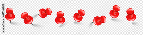 Realistic red push pins. Board tacks isolated on transparent background. Plastic pushpin with needle. Vector illustration.