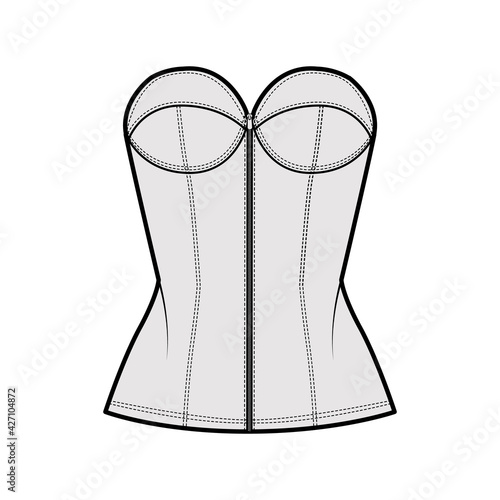 Denim corset top bustier technical fashion illustration with basque, strapless, zip-up closure, cups, fitted body. Flat apparel template front, grey color style. Women, men, unisex CAD mockup