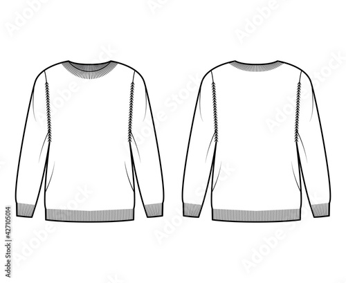 Sweater technical fashion illustration with rib crew neck, long sleeves, oversized, thigh length, knit cuff trim. Flat pullover apparel front, back, white color style. Women, men unisex CAD mockup