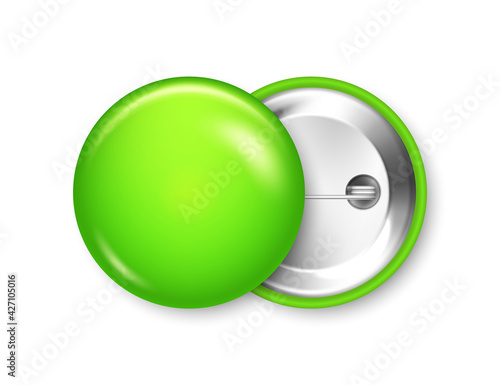 Realistic green blank badge isolated on white background. Glossy 3D round button. Pin badge, brooch mockup for product promotion and advertising. Vector illustration.