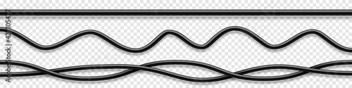 Set of black flexible cables with shadow. Electrical wire. Realistic power or network cable. Vector illustration.