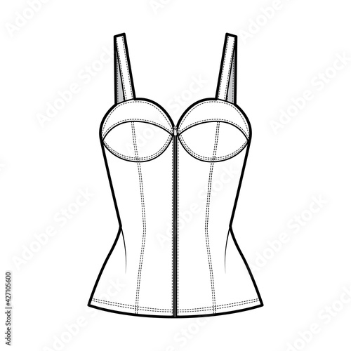 Denim corset top bustier technical fashion illustration with basque, thin straps, zip-up closure, cups, fitted body. Flat apparel template front, white color style. Women, men, unisex CAD mockup