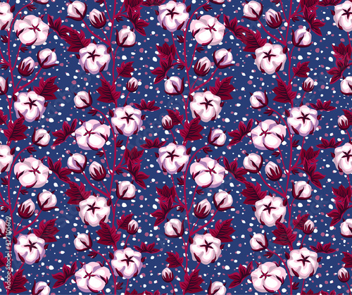 Vector stylish floristic pattern with decorative branches, stems and leaves of a cotton plant. Vintage background and print for textiles and fashion accessories