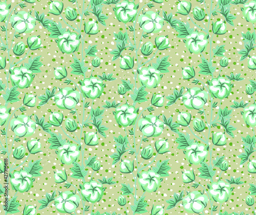 Vector stylish floristic pattern with decorative branches, stems and leaves of a cotton plant. Vintage background and print for textiles and fashion accessories