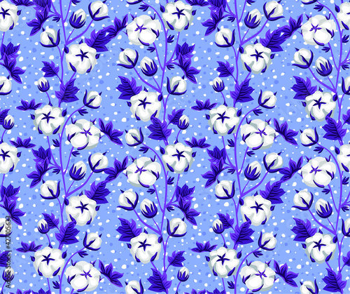 Vector stylish floristic pattern with decorative branches, stems and leaves of a cotton plant. Vintage background and print for textiles and fashion accessories