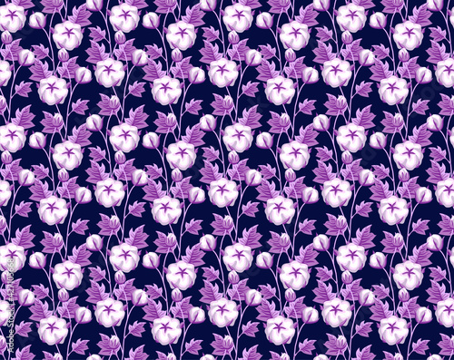 Vector stylish floristic pattern with decorative branches, stems and leaves of a cotton plant. Vintage background and print for textiles and fashion accessories