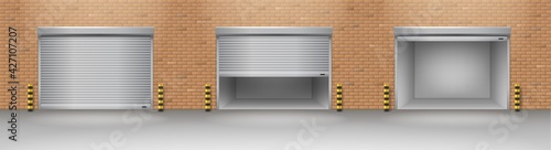 Realistic garage doors on brick wall. Modern opening and closed garage gates