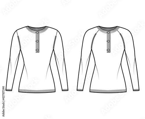 Set of Polo Sweaters technical fashion illustration with rib henley neck, classic collar, long raglan sleeves, slim fit, knit trim. Flat apparel front, white color style. Women, men CAD mockup