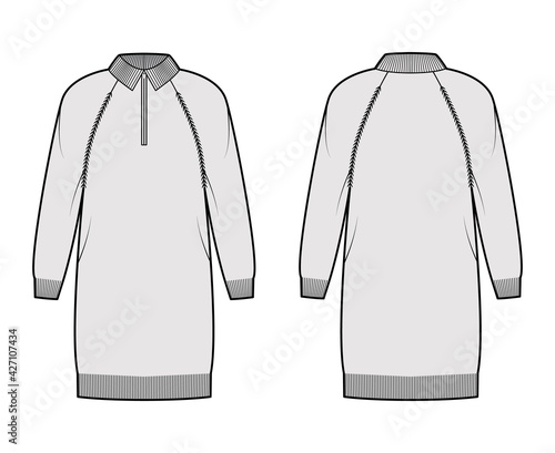 Dress Zip-up Sweater technical fashion illustration with rib henley neck, classic collar, long raglan sleeves, relax body, knee length, knit trim. Flat apparel front, back, grey color. Women, men CAD