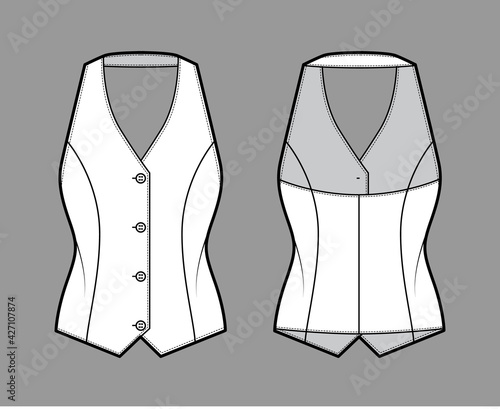 Halter vest pique waistcoat technical fashion illustration with backless, V-neckline, button-up closure, slim fit. Flat apparel template front, back, white color style. Women, men, unisex CAD mockup