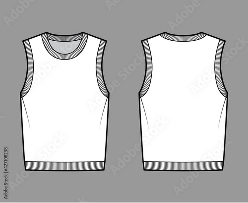 Pullover vest sweater waistcoat technical fashion illustration with sleeveless, rib knit round neckline, oversized body. Flat template front, back, white color style. Women, men, unisex top CAD mockup