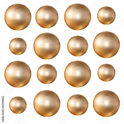 Gold beads isolated on white background close up. Gold ball with a metallic sheen effect. Realistic chrome sphere 3d. Set of gold beads for trendy designs and jewelry.