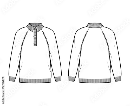 Polo Sweater technical fashion illustration with rib henley neck, long raglan sleeves, oversized, hip length, knit trim. Flat jumper apparel front, back, white color. Women, men unisex CAD mockup
