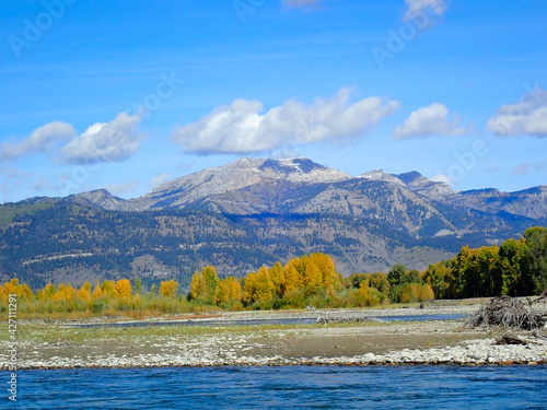 Mountains with river and fall trees