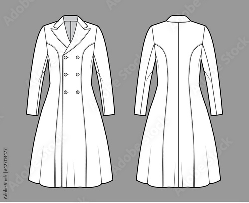Princess line coat technical fashion illustration with double breasted, fitted body, long sleeves, peak lapel collar. Flat jacket template front, back, white color style. Women, men, unisex CAD mockup