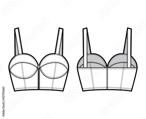 Denim bustier top technical fashion illustration with thin straps, zip-up closure, cups, slim fit, crop length. Flat bra template front, back, white color style. Women, men, unisex CAD mockup