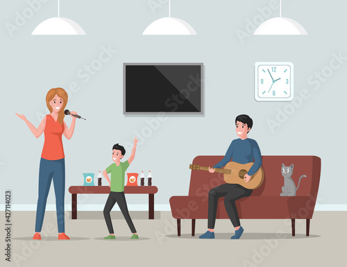 Home party vector flat illustration. Family spending time together indoors. Happy smiling mother singing, father playing guitar, and son dancing. People celebrating birthday or holiday.