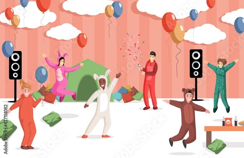 Smiling happy children in bear and rabbit costumes having fun indoor at kids party vector flat illustration. Boys and girls celebrating a birthday at home or kindergarten party.