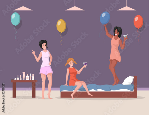 Bachelorette party vector flat illustration. Women in night clothes and pajamas having fun at home vector flat illustration. Three female characters drinking cocktails and spending time together.