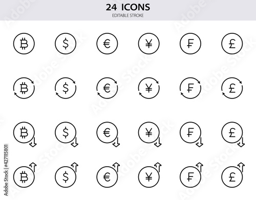 Dollar, euro, bitcoin, pound, franc, yen line icons. Set of currency exchange line icons. Growth and fall of foreign currency. Outline money signs for finance. Editable Stroke. Vector illustration