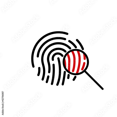 Search Fingerprint Icon. Magnifying Glass Identification icon. Fingerprint through Magnifying Glass. Crime pictogram, People Search, Biometric Identification. Vector illustration
