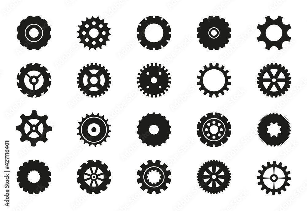Black machine gears set. Transmission cog wheels and gear icons isolated on white background. Cogwheels and cogs collection. Various design elements of gears. Vector illustration Black machine gears set. Transmission cog wheels and gear icons isolated on white background. Cogwheels and cogs collection. Various design elements of gears. Vector illustration