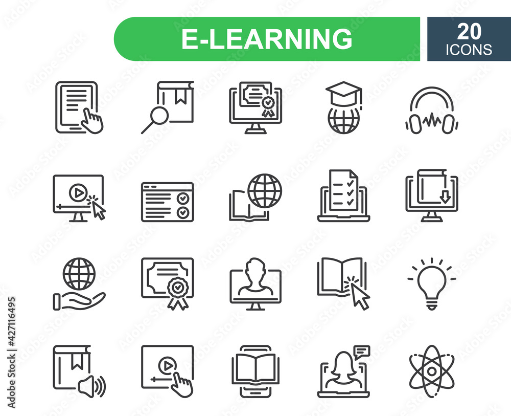 E-learning, online and distance education line icon. Online training, webinar, education, course, elearning, conference, exam. Online education line icons set. Editable stroke. Vector illustration