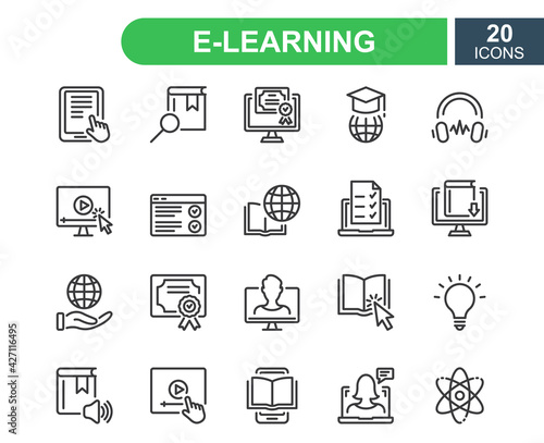 E-learning, online and distance education line icon. Online training, webinar, education, course, elearning, conference, exam. Online education line icons set. Editable stroke. Vector illustration