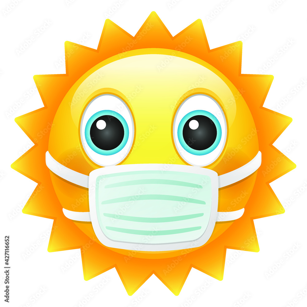 Happy Sun Emoji Surgical Mask Protection. Summer Vacations Coronavirus. Illustration Virus Vector Design Art Emote.