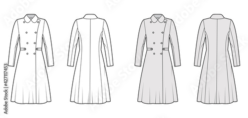 Skating coat technical fashion illustration with tabs, long sleeves, round collar, knee length, A-line silhouette. Flat jacket template front, back, white, grey color style. Women, men, top CAD mockup
