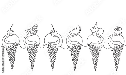 Ice cream with berries and fruits.  Sketch. Draw a continuous line. Décor. Vector dessert set . Seamless horizontal pattern