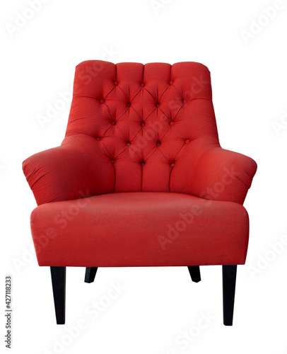Trendy red soft armchair isolated on white background. Contemporary living room furniture