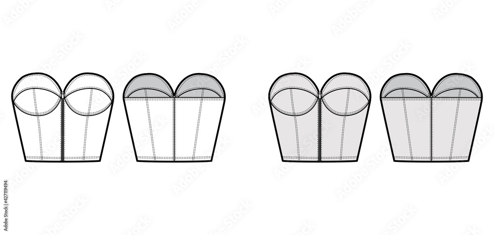 Denim bustier top technical fashion illustration with zip-up closure, cups strapless , slim fit, waist crop length. Flat bra template front, back, white, grey color style. Women, men unisex CAD mockup Denim bustier top technical fashion illustration with zip-up closure, cups strapless , slim fit, waist crop length. Flat bra template front, back, white, grey color style. Women, men unisex CAD mockup