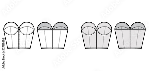 Denim bustier top technical fashion illustration with zip-up closure, cups strapless , slim fit, waist crop length. Flat bra template front, back, white, grey color style. Women, men unisex CAD mockup