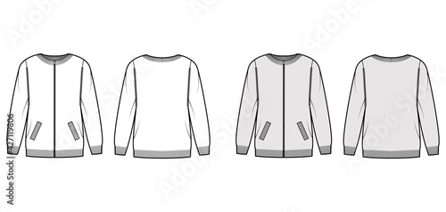 Zip-up cardigan Sweater technical fashion illustration with rib crew neck, long sleeves, oversized, knit trim, pockets. Flat jumper apparel front, back, white grey color. Women, men unisex CAD mockup