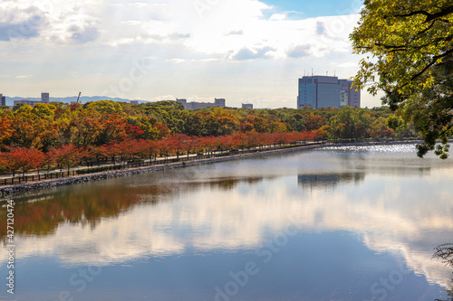 秋の紅葉に彩られた大阪城の水堀