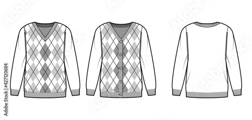 Set of Argyle Sweaters technical fashion illustration with rib V- neck, long raglan sleeves, oversized, hip length, knit cuff. Flat apparel front, back, white color style. Women, men unisex CAD mockup