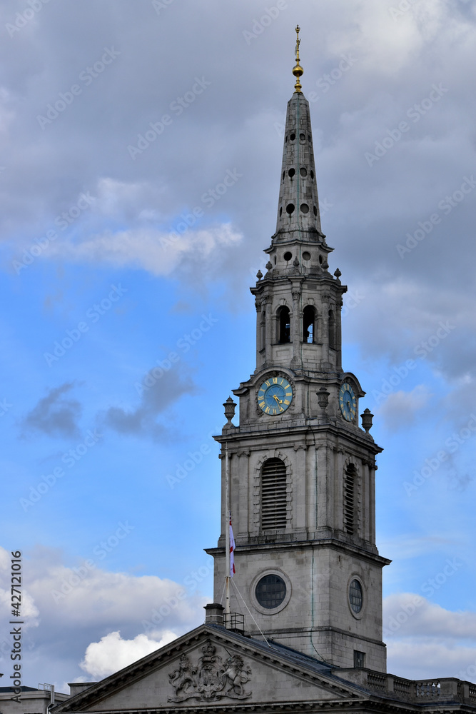 St. Martin-in-the-Fields chapel and clock tower, Trafalgar Square, London, UK