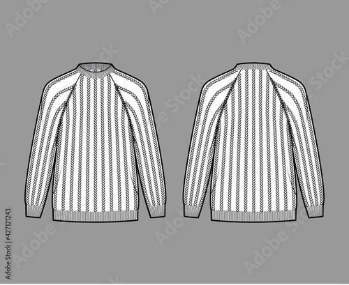 Ribbed Sweater technical fashion illustration with rib crew neck, long raglan sleeves, oversized, hip length, knit cuff trim. Flat jumper apparel front, back, white color style. Women, men unisex CAD