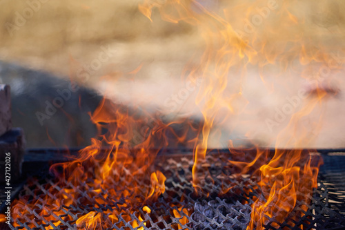 Fire in a rusty vintage grill outdoor with blurred background