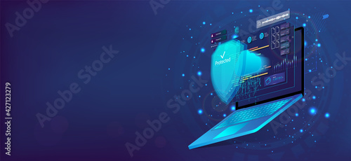 Laptop with shield, Cyber Security concept. 3D laptop and cloud data under the protection. Cybersecurity, antivirus, encryption, data protection. Software development. Safety internet technology photo
