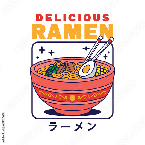 Vector illustration of delicious Japanese ramen noodle on bowl with vintage retro flat style