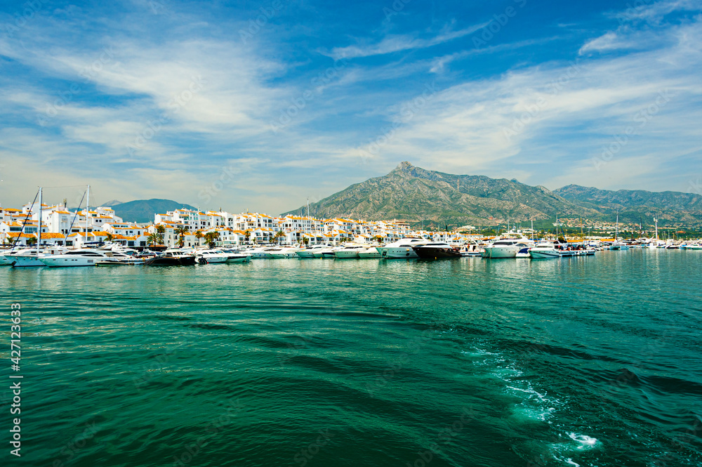 View of Puerto Banes Marina and town on the Costa del Sol, Spain
