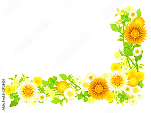 ガザニアと黄色い花と植物のイラストフレーム素材
