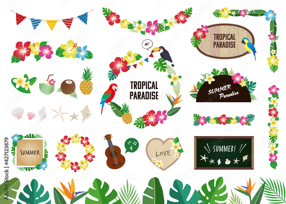 南国 夏の素材イラストセット 白背景 文字入り Stock Vector Adobe Stock