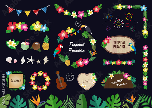 夜の南国、夏の素材イラストセット（黒背景、文字入り）