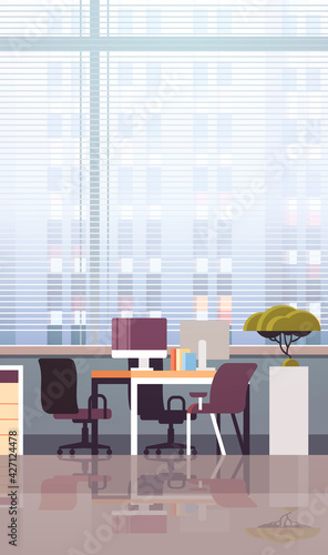 empty workplace office desk with desktop computer modern cabinet interior
