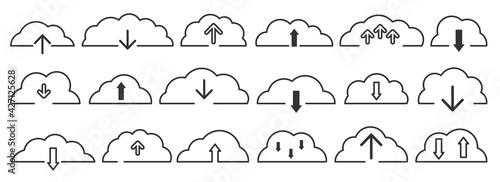 Line black vector flat vector cloud set with arrow. Clouds cartoon symbols on white background for web site design, logo, app. Bubble icon collection for infographic design. Label and stickers