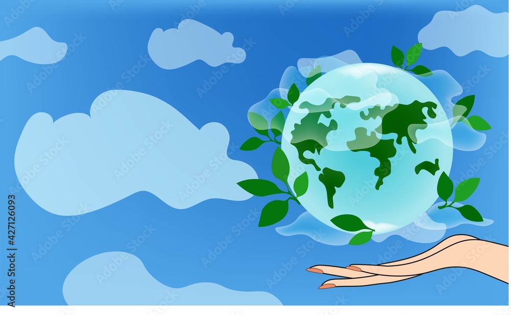 Vector background to Earth Day. Female hand and globe. Flat cartoon style on a blue background. Vector disign with clouds and text bubble. Concept: protect the planet, nature. Vector background to Earth Day. Female hand and globe. Flat cartoon style on a blue background. Vector disign with clouds and text bubble. Concept: protect the planet, nature.